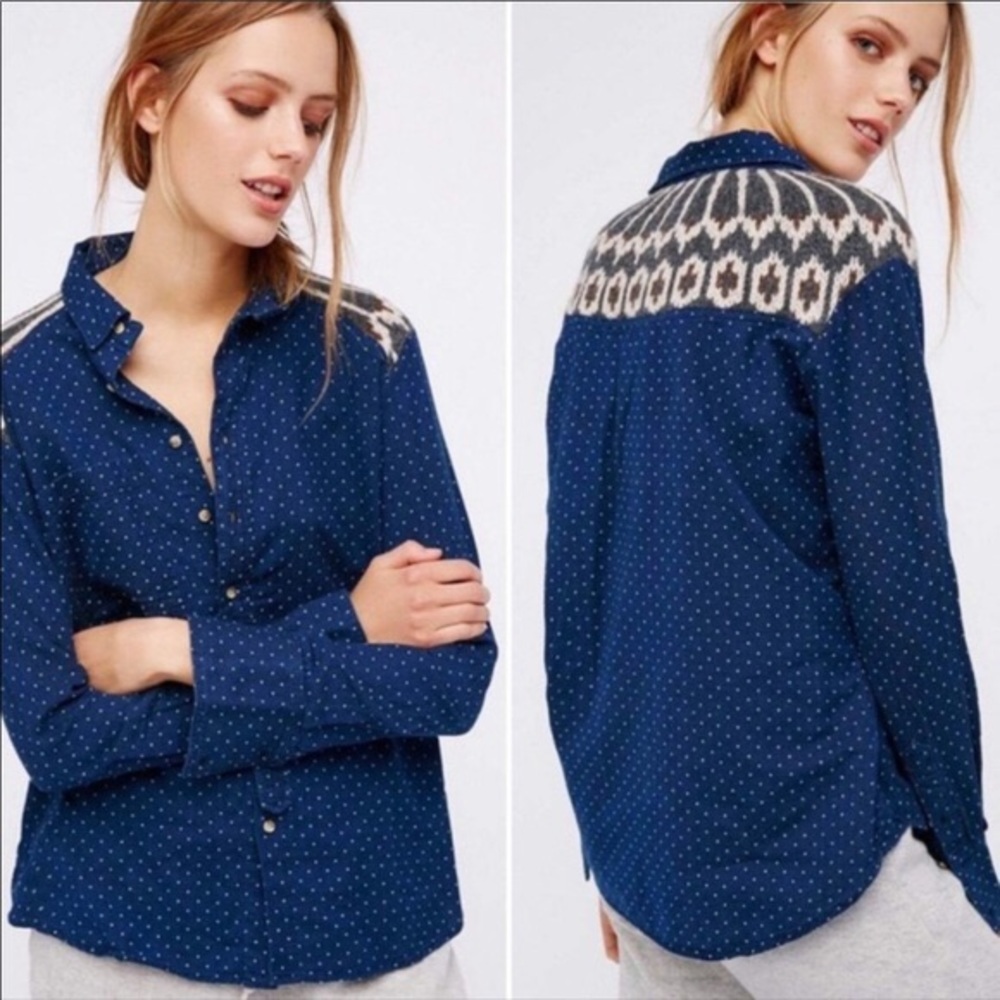 Free People Blue Polka Dot wool button long sleeve